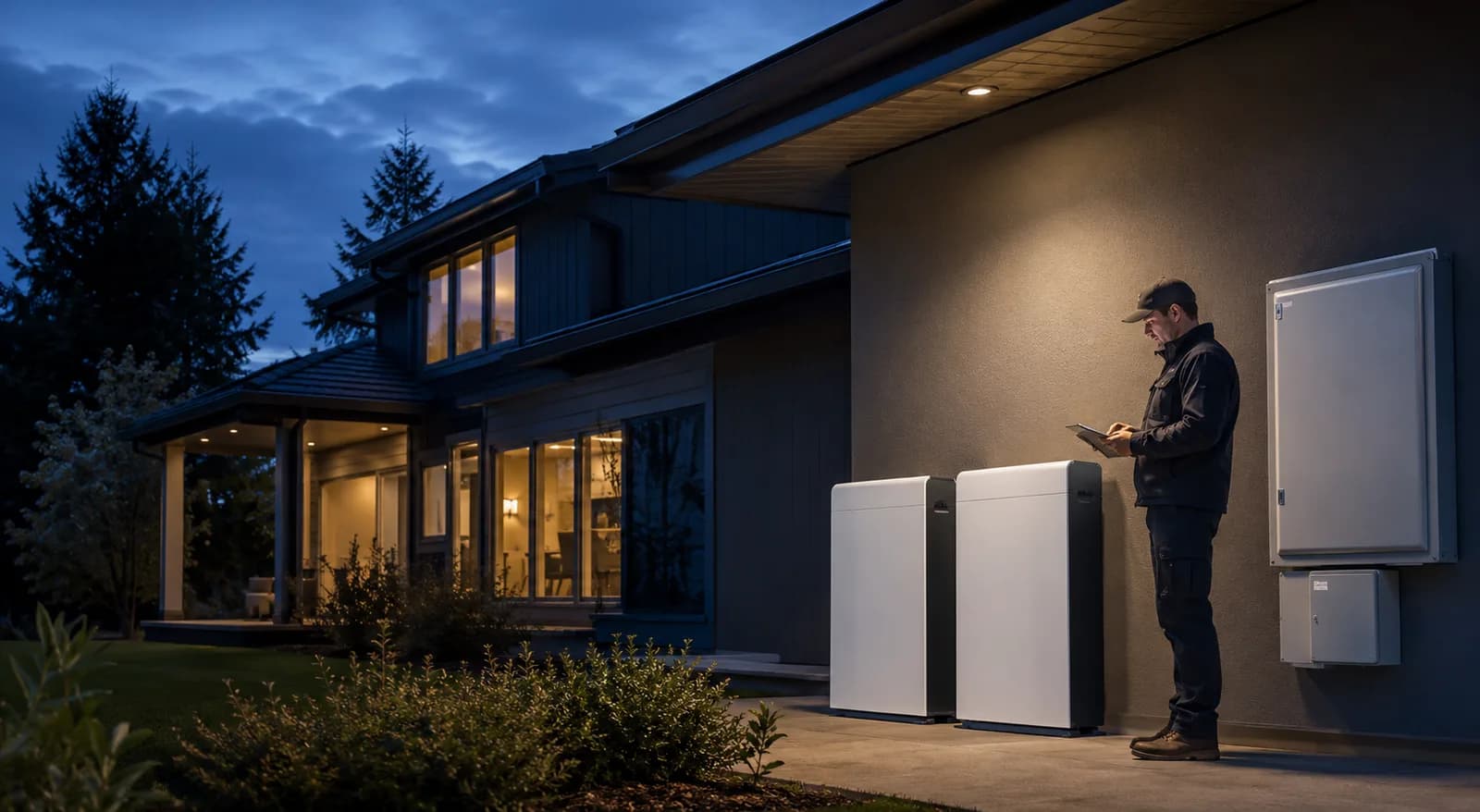 Illustration of a planned home battery-backup installation at a house