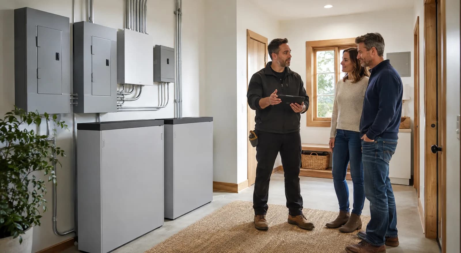 Illustration of an electrician discussing a planned home battery-backup system with homeowners