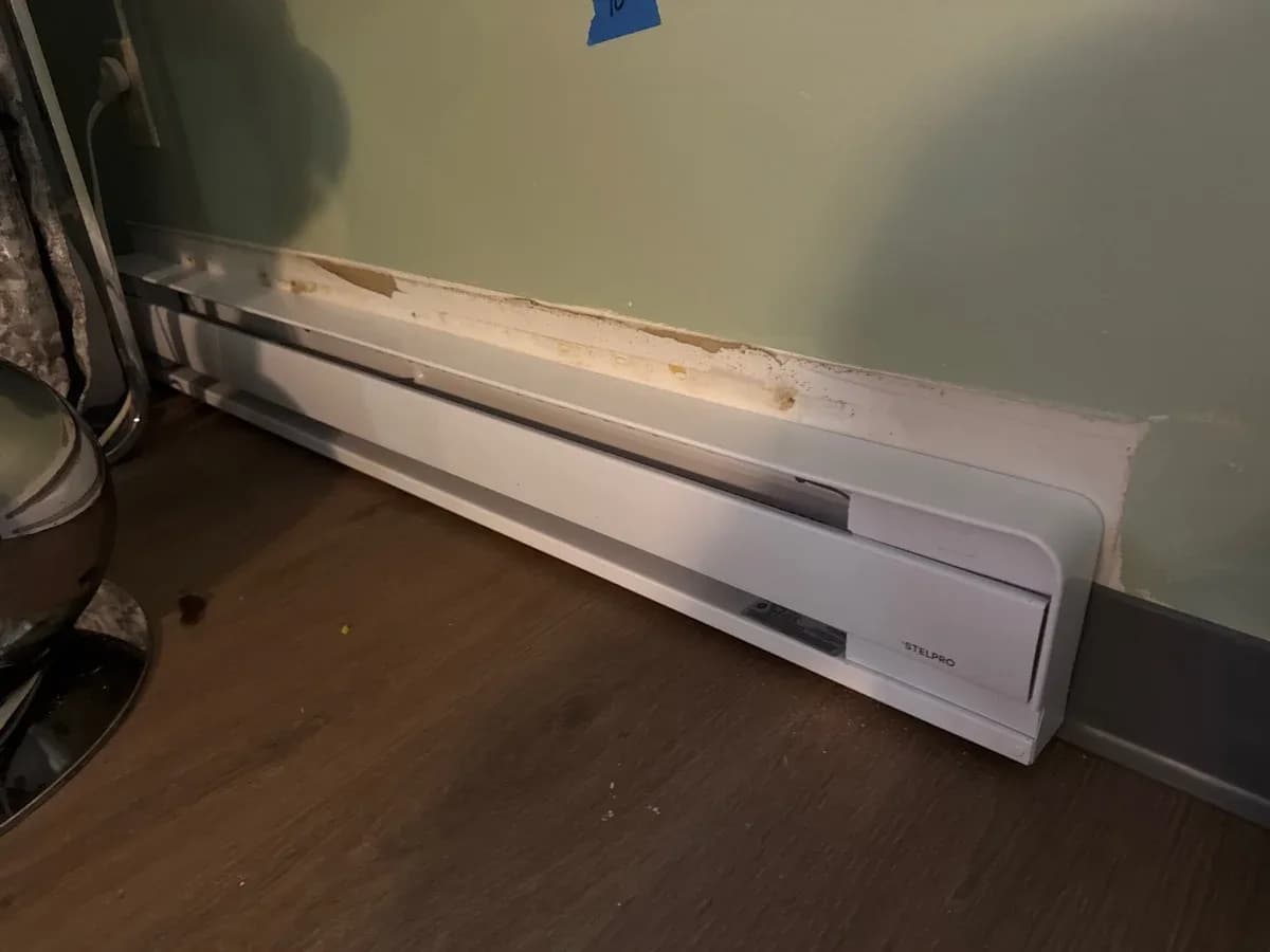 White Stelpro electric baseboard heater installed along a green wall above a dark wood floor.