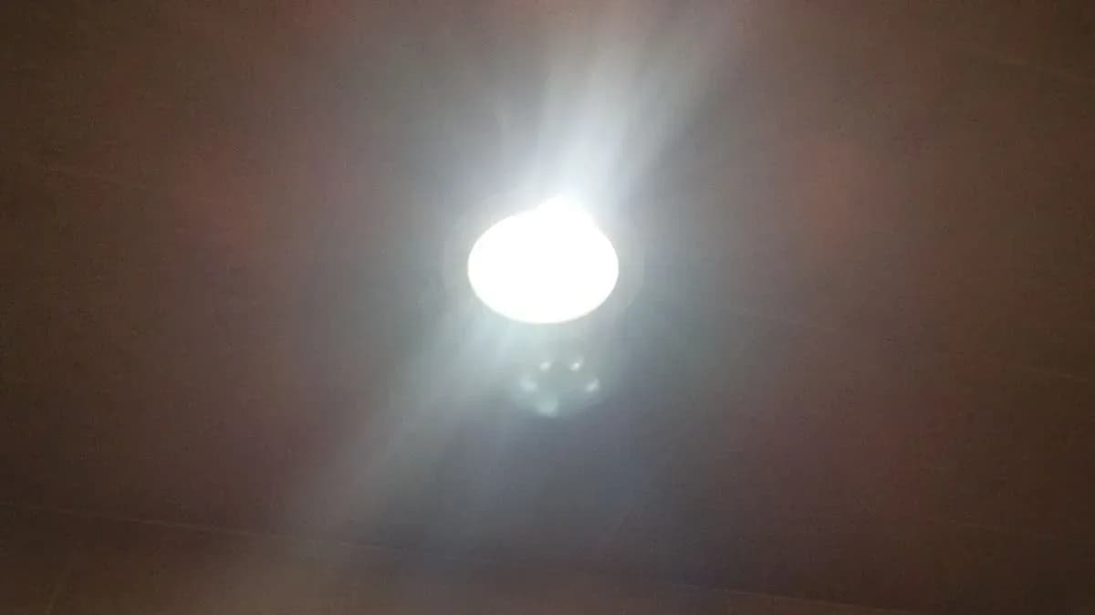 Bright round ceiling light fixture installed in a dark-colored ceiling.