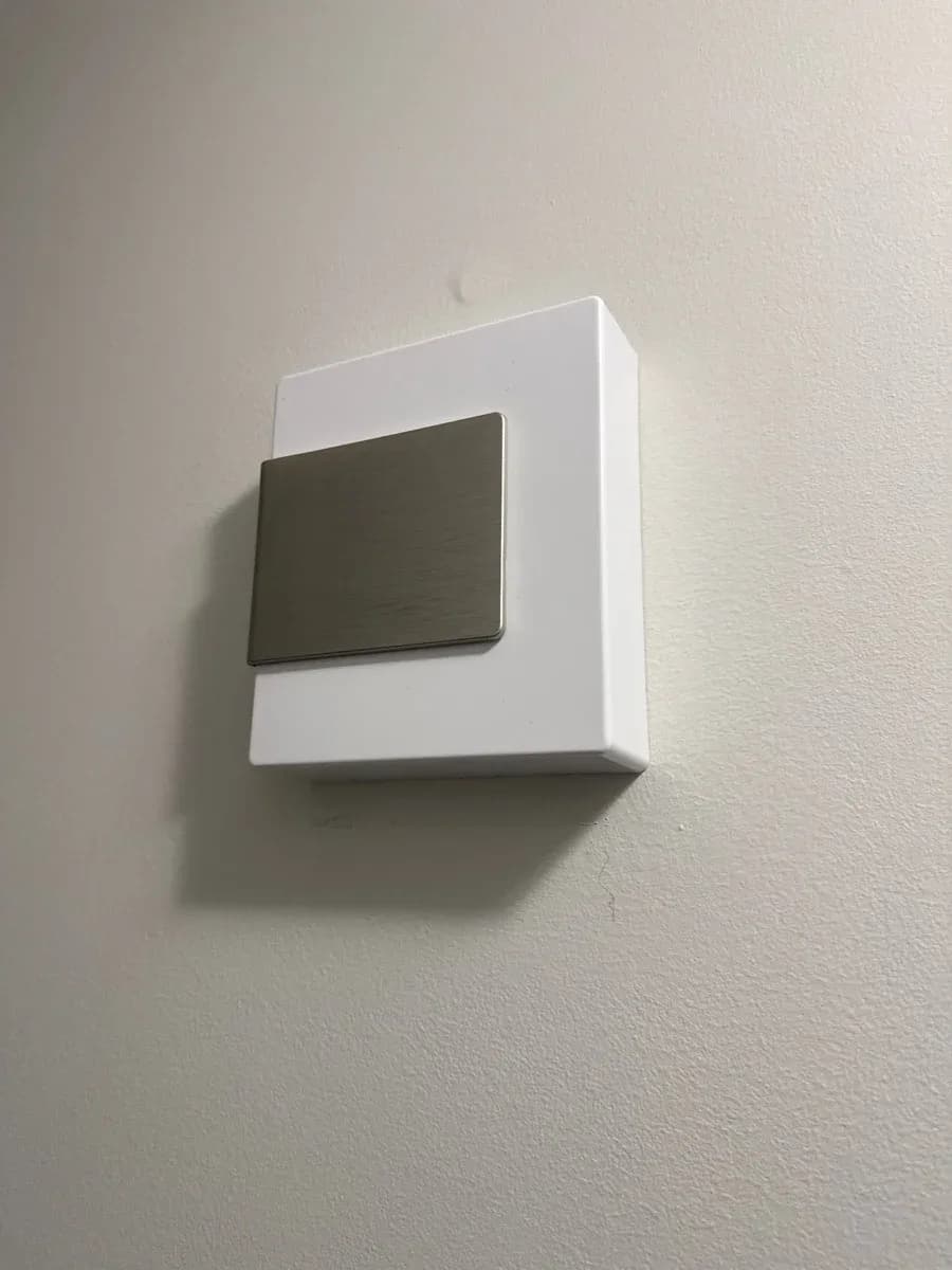 White wall-mounted electrical switch with a brushed metal rectangular rocker plate.