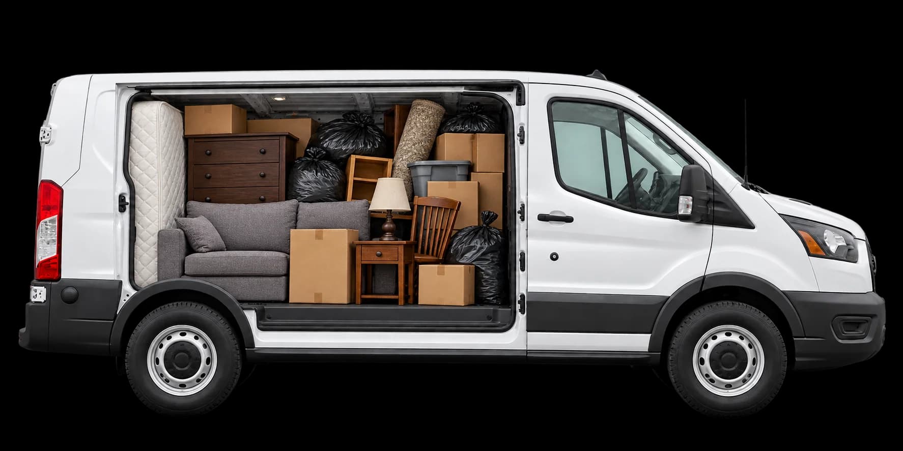 Illustration of a van loaded with furniture, boxes and bags